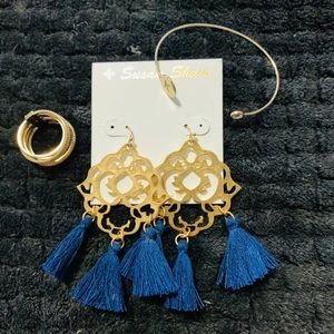 Blue and gold tassel earrings